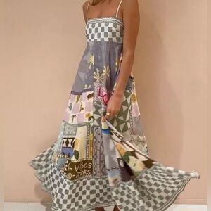 Linen Patchwork Maxi Dress Boho Graphic Print Spaghetti Strap Sundress SZ XL
